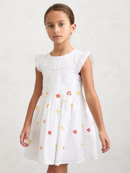 Reiss Kids' Floral Pintuck Mini Dress, White, White