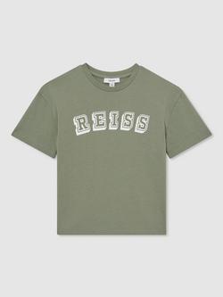 Reiss Kids' Leonard Logo Print Oversized T-Shirt, Sage/Off White, Sage/Off White
