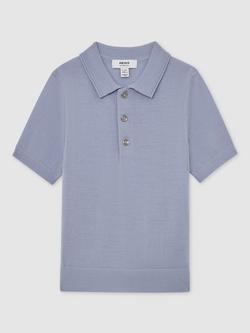 Reiss Kids' Wool Blend Short Sleeve Polo Shirt, Sky Blue
