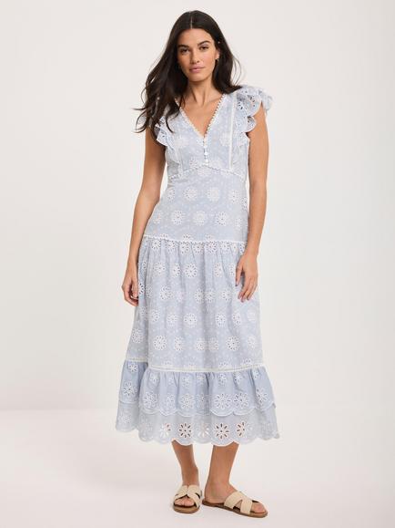 Mint Velvet Broderie Anglaise Stripe Midi Dress, Blue/White, Blue/White