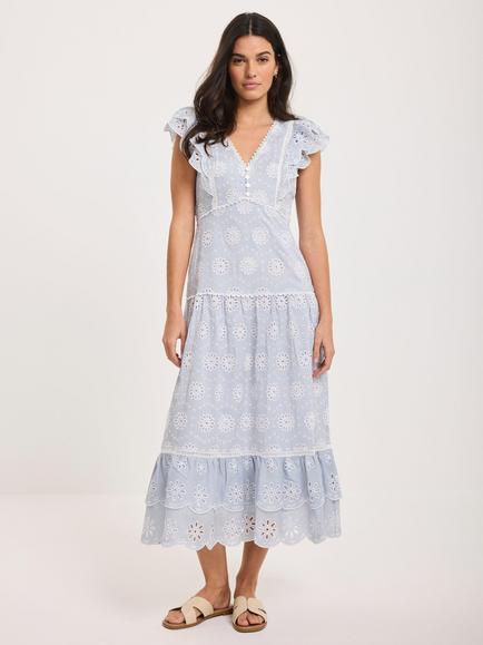 Mint Velvet Broderie Anglaise Stripe Midi Dress, Blue/White - view 2, Blue/White