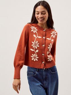 Monsoon Fiona Embroidered Floral Cardigan, Orange/Cream, Orange/Cream