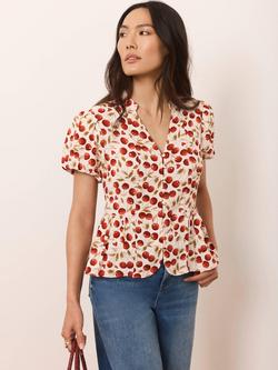 Mint Velvet Cherry Print Puff Sleeve Top, Multi/Red - view 2, Multi/Red