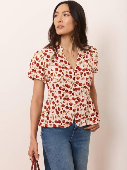 Mint Velvet Cherry Print Puff Sleeve Top, Multi/Red - view 2, Multi/Red