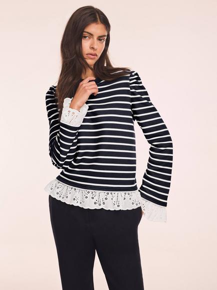 Mint Velvet Broderie Anglaise Trim Stripe Sweatshirt, Navy Blue, Navy Blue