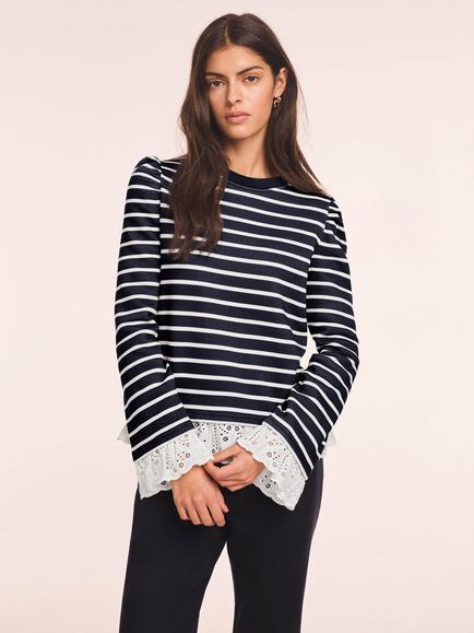 Mint Velvet Broderie Anglaise Trim Stripe Sweatshirt, Navy Blue - view 2, Navy Blue