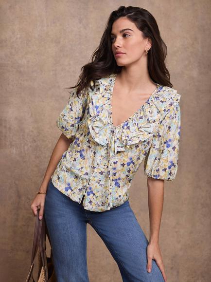 Mint Velvet Floral Ruffle Trim Blouse, Blue/Multi, Blue/Multi