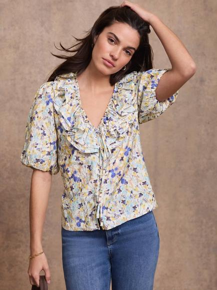 Mint Velvet Floral Ruffle Trim Blouse, Blue/Multi - view 2, Blue/Multi