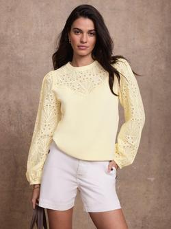 Mint Velvet Crew Neck Broderie Anglaise Sweatshirt, Yellow - view 2, Yellow