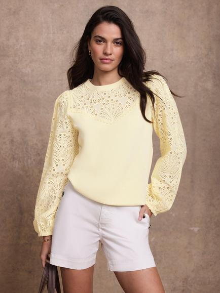 Mint Velvet Crew Neck Broderie Anglaise Sweatshirt, Yellow - view 2, Yellow