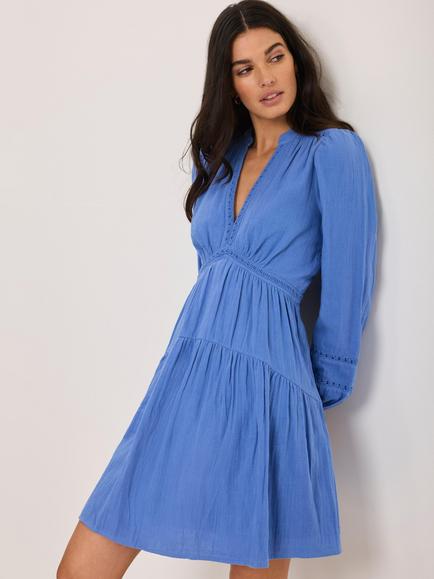 Mint Velvet Open Stitch Trim Mini Dress, Blue - view 2, Blue