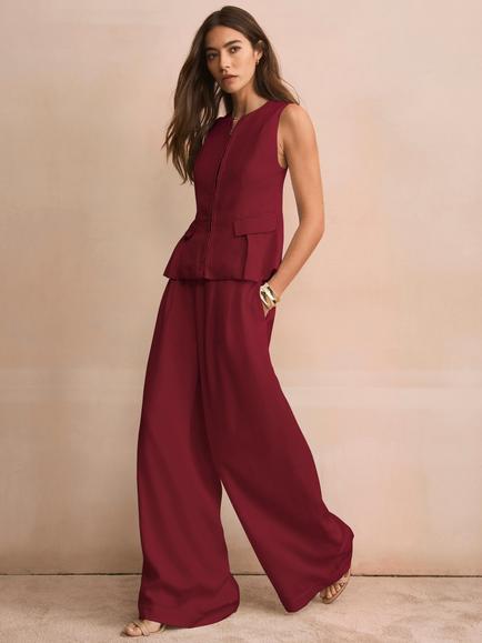 Mint Velvet Pleat Detail Wide Leg Trousers, Red Burgundy, Red Burgundy