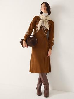 Monsoon Cleo V-Neck Cornelli Embroidered Knit Midi Dress, Rust/Cream, Rust/Cream