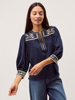 Monsoon Emi Embroidered Jersey Top, Navy, Navy