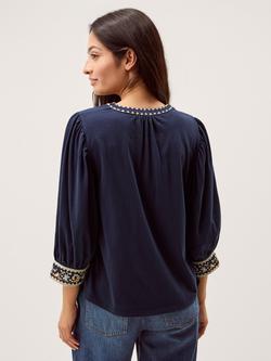 Monsoon Emi Embroidered Jersey Top, Navy - view 2, Navy