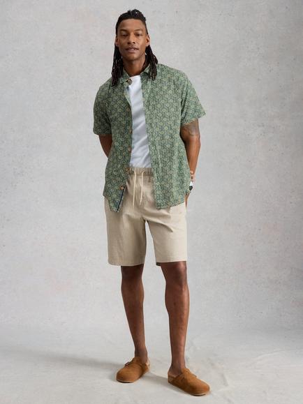 White Stuff Finsbury Cotton Geometric Short Sleeve Shirt, Green, Green