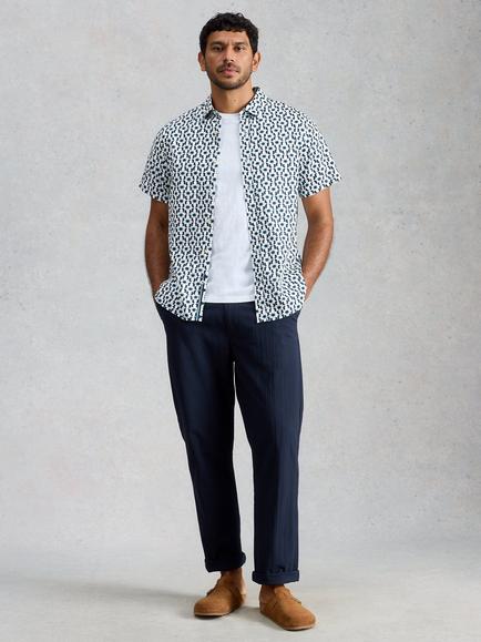White Stuff Finsbury Cotton Regular Fit Geometric Shirt, White/Blue, White/Blue