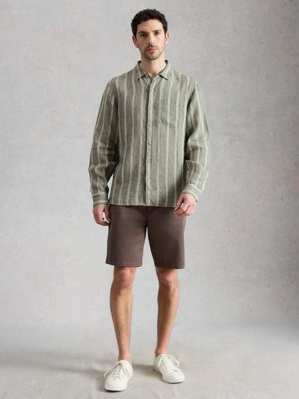 White Stuff Keswick Pure Linen Striped Long Sleeve Shirt, Green, Green