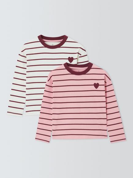 John Lewis Kids' Heart Striped Long Sleeve Top, Pack of 2, Multi, Multi