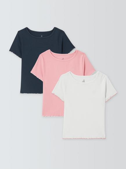 John Lewis Kids' Heart Embroidered Ribbed T-Shirts, Pack of 3, Multi, Multi