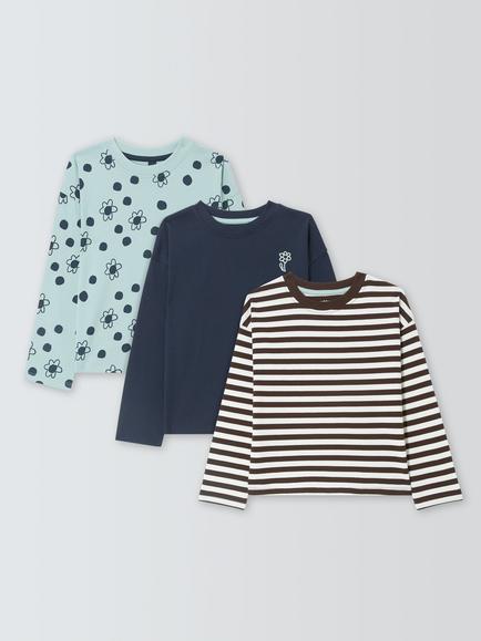 John Lewis Kids' Stripe Floral Mix Long Sleeve Tops, Pack of 3, Multi, Multi