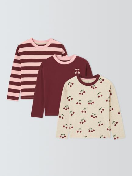 John Lewis Kids' Cherry Stripe Long Sleeve Tops, Pack of 3, Multi, Multi