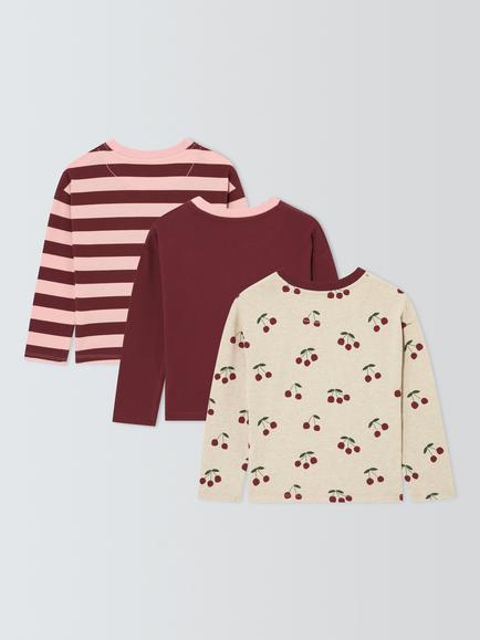 John Lewis Kids' Cherry Stripe Long Sleeve Tops, Pack of 3, Multi - view 2, Multi