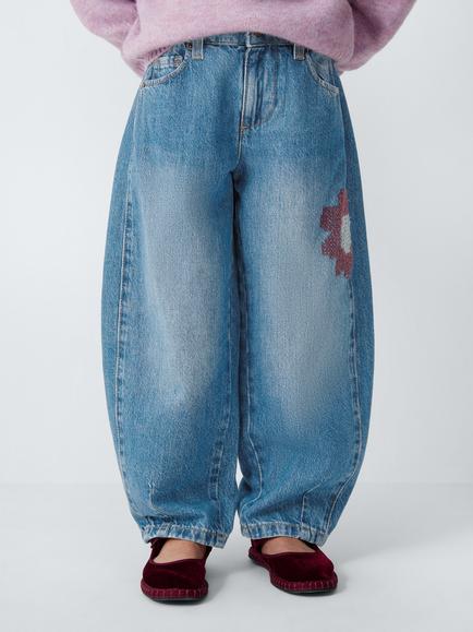 John Lewis Girls' Floral Embroidered Barrel Leg Jeans, Blue Denim, Blue Denim