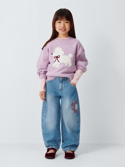 John Lewis Girls' Floral Embroidered Barrel Leg Jeans, Blue Denim - view 2, Blue Denim