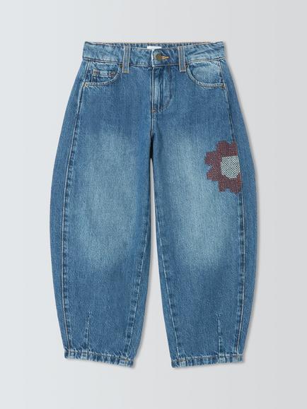 John Lewis Girls' Floral Embroidered Barrel Leg Jeans, Blue Denim, Blue Denim