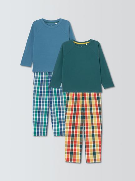 John Lewis Kids' Plain Top & Woven Bottoms Pyjamas, Pack of 2, Blue, Blue