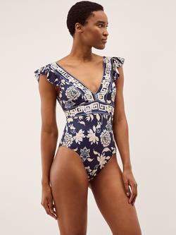 Monsoon Gloria Floral Ruffle Sleeve Swimsuit, Blue/White, Blue/White