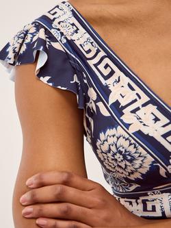 Monsoon Gloria Floral Ruffle Sleeve Swimsuit, Blue/White - view 2, Blue/White