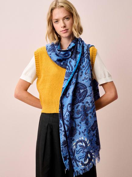 Brora Abstract Botanical Pure Wool Stole, Cornflower/Navy - view 2, Cornflower/Navy