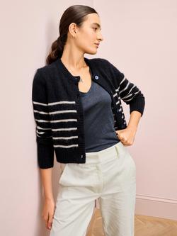 Brora Breton Stripe Pointelle Wool Rich Cardigan, Ink/Biscuit, Ink/Biscuit