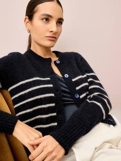 Brora Breton Stripe Pointelle Wool Rich Cardigan, Ink/Biscuit - view 2, Ink/Biscuit