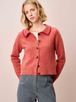 Brora Contrast Collar Pure Wool Cardigan, Papaya, Papaya