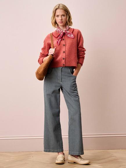 Brora Contrast Collar Pure Wool Cardigan, Papaya - view 2, Papaya