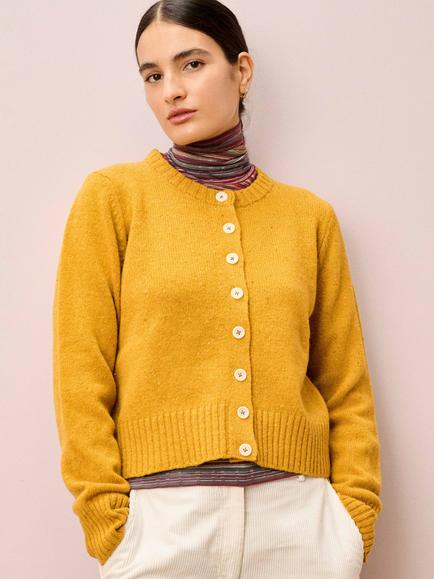 Brora Round Neck Marled Fleck Pure Wool Cardigan, Canary, Canary