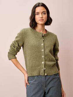 Brora Round Neck Marled Fleck Pure Wool Cardigan, Lichen, Lichen