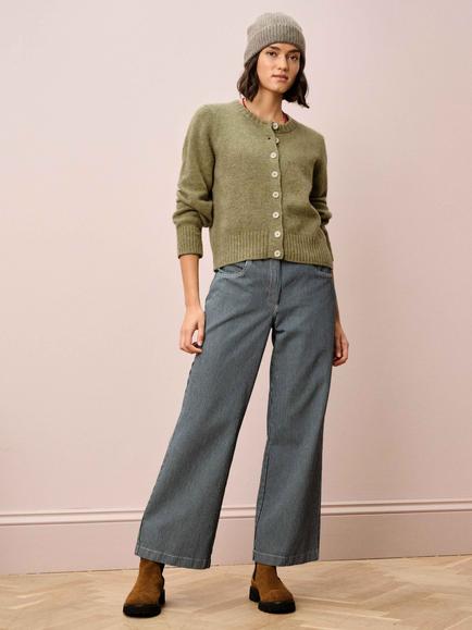 Brora Round Neck Marled Fleck Pure Wool Cardigan, Lichen - view 2, Lichen