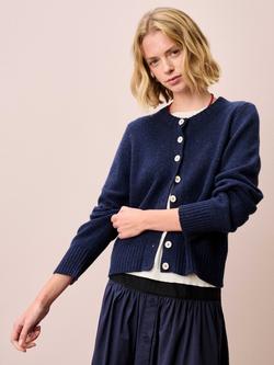 Brora Round Neck Marled Fleck Pure Wool Cardigan, Navy, Navy