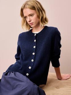 Brora Round Neck Marled Fleck Pure Wool Cardigan, Navy - view 2, Navy