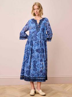 Brora Abstract Botanical Pintuck Pure Silk Dress, Cornflower/Navy, Cornflower/Navy