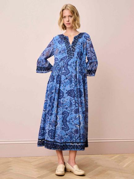 Brora Abstract Botanical Pintuck Pure Silk Dress, Cornflower/Navy, Cornflower/Navy