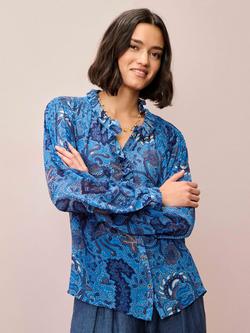 Brora Abstract Botanical Pure Silk Shirt, Cornflower/Navy, Cornflower/Navy