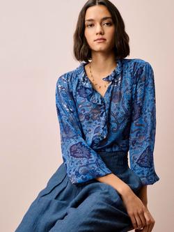 Brora Abstract Botanical Pure Silk Shirt, Cornflower/Navy - view 2, Cornflower/Navy