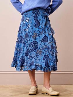 Brora Abstract Botanical Pure Silk Wrap Skirt, Cornflower/Navy, Cornflower/Navy