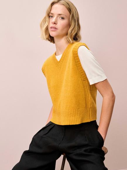 Brora V-Neck Fleck Yarn Pure Wool Tank Top, Canary, Canary
