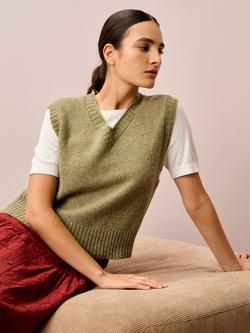 Brora V-Neck Fleck Yarn Pure Wool Tank Top, Lichen - view 2, Lichen